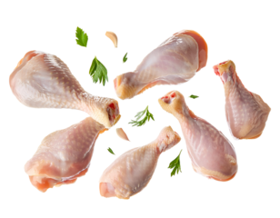Flying raw chicken drumsticks cut out on isolated