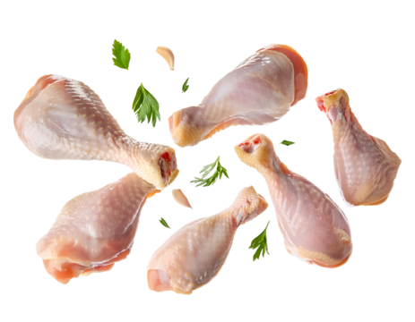 Flying raw chicken drumsticks cut out on isolated