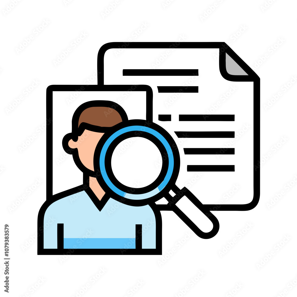 Poster a vector icon depicting a person searching through documents with a magnifying glass, representing t