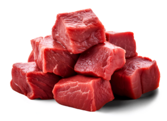Pile of raw beef cubes, diced beef meats isolated