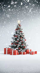 Obraz premium Christmas Tree with Snow and Gift Boxes on White Background.