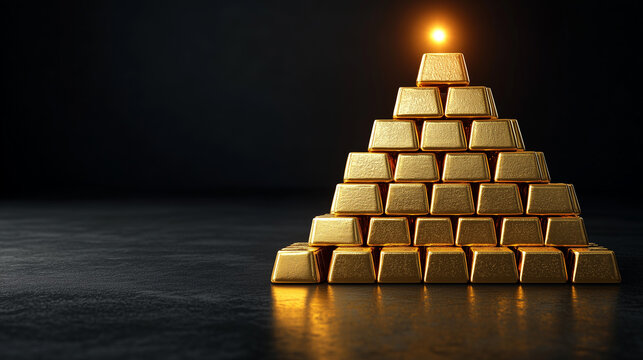 Pyramid of gold bars with a glowing top on a dark background with empty space. Visualization of record production or sales and high performance