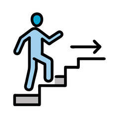 A person walking up stairs with an arrow indicating the direction, illustrating progress or movement toward an objective during daytime activities
