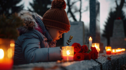 A child kneels at a memorial, gently placing a rose alongside lit candles, as dusk falls. The warm glow of the candles contrasts with the quiet somber atmosphere of the graveyard,