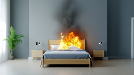 Fototapeta premium Bedroom on fire, smoke detectors warning of danger
