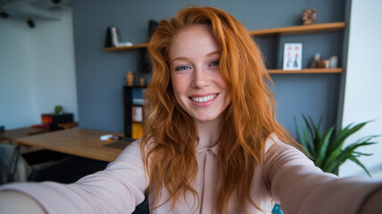 A young Caucasian woman with vibrant red hair smiles brightly while taking a selfie in a cozy, modern indoor setting.