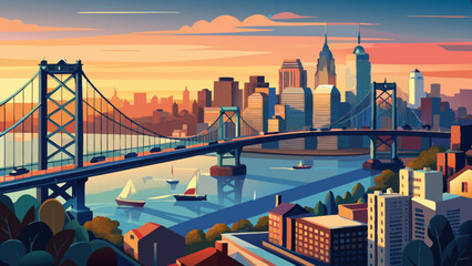 Aerial panorama with Ben Franklin Bridge and Philadelphia skyline in transition from sunset to dusk. Ben Franklin Bridge is a suspension bridge connecting Philadelphia and Camden, 