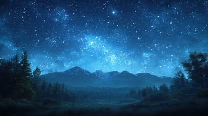 Meteor shower display, A serene night sky filled with stars over a silhouette of mountains and trees, showcasing a vast expanse of the universe in deep blues.