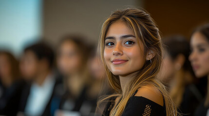 A young woman with long hair and a warm smile sits in an auditorium, engaged during a conference amidst a crowd of attendees