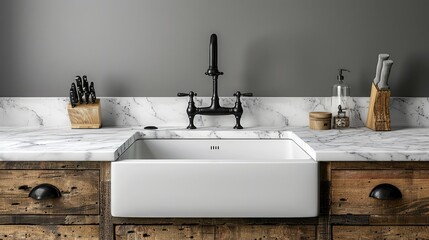White farmhouse sink with black faucet on a marble countertop with wooden cabinets.