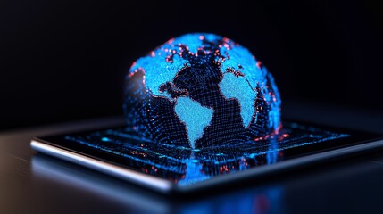 Futuristic Digital Globe Hologram on Tablet Displaying Global Connectivity and Technology