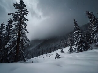Obraz premium Snow-Covered Pine Trees in a Mountain Forest Under a Dark Cloudy Sky