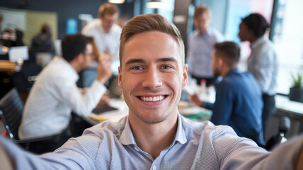 Fototapeta premium A smiling young Caucasian man takes a selfie in a dynamic office environment filled with colleagues engaged in conversation.
