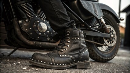 Close-Up of Biker Boot and Chrome Motorcycle Parts on Asphalt Rugged, Photorealistic Shot with Textured Details and Muted Industrial Tones V1