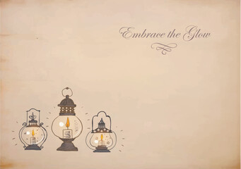 Three vintage doodle  lanterns emitting warm light on vintage textured background. Vector sketch illustration with place for your text