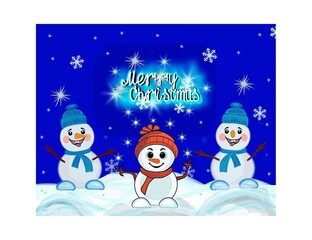 Funny snowmen, snow, snowflakes, snowdrifts, volumetric text, blue background, holiday card
