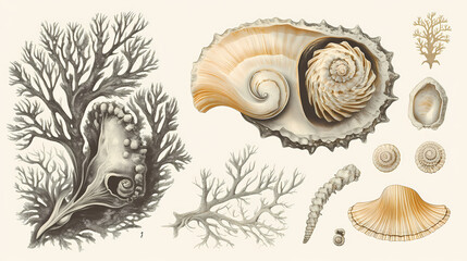 Sea shell, antique botanical drawing style, beige, high detail, realistic. Botanical. Illustration