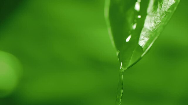 Slow motion macro shot of water droplet falling from fresh green leaf. Alternative herb skin care medicine concept. Herbal essence dropping from leaf. Organic serum drop or green tea tree oil extract