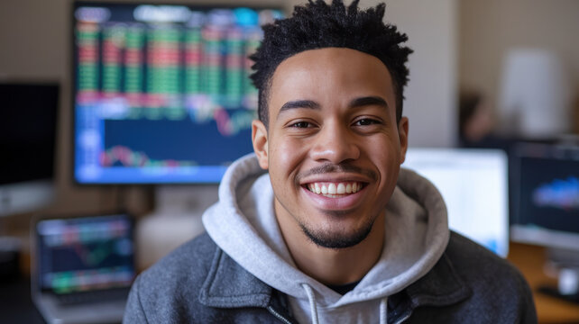 A smiling young Black man in a gray hoodie poses confidently in a modern workspace filled with multiple screens displaying stock market trends.