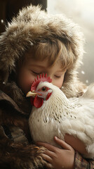 Naklejka premium A little boy in a fur jacket hugs a chicken with a smile on his face in a romantic aesthetic style.