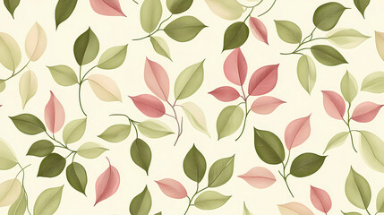 Seamless pattern of green and pink leaves on a light background. elegant botanical design for wallpaper, fabric, and decor. Botanical. Illustration