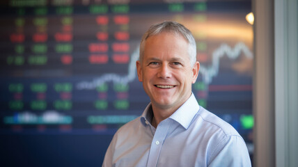 Fototapeta premium Smiling middle-aged Caucasian man in a business shirt stands confidently in front of a financial data screen, symbolizing success and expertise in the finance industry.