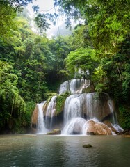 Lush Green Forests and Tranquil Waterfalls Amidst Nature’s Beauty in Springtime, Captured with No People in Sight for a Peaceful Wilderness Scene