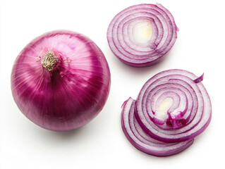 Sliced red onion on a white background, showcasing vibrant colors and intricate ring patterns