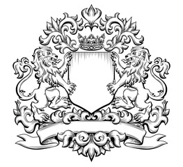 Template of Medieval Coat of Arms with Lions, Crown und Crest. Black and White Outline Hand Drawn Retro Illustration. Vintage Engraving. Element for Classic Heraldic Design, Mascot, Tattoo
