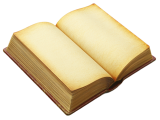 transparent background Open vintage brown leather-bound book with yellowed pages, evoking a sense of history and wisdom.