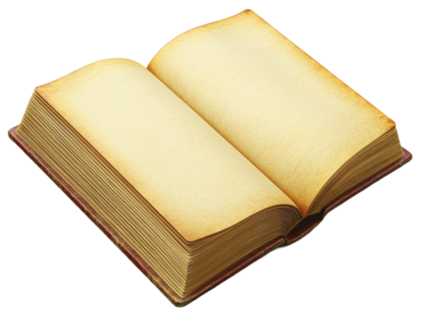 transparent background Open vintage brown leather-bound book with yellowed pages, evoking a sense of history and wisdom.
