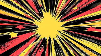 Fototapeta premium Abstract comic book explosion background with red, yellow, and black radial lines and stars