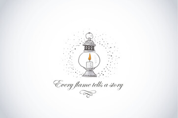 Vintage lantern with a glowing candle on white background. Vector illustration with place for your text
