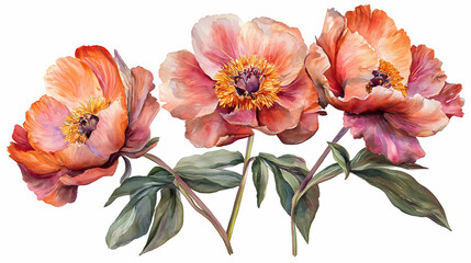 Set of peonies flowers on an isolated white background, watercolor peony illustration, botanical painting. generative ai. Botanical. Illustration