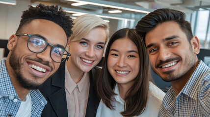 Obraz premium A diverse group of four young professionals, smiling and posing for a selfie in a modern office environment, showcasing friendship and collaboration.
