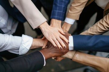 A group of diverse hands stacked together in a teamwork gesture, symbolizing collaboration, unity, and multicultural partnership in a professional setting.