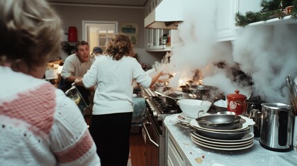 A bustling kitchen scene with people cooking amidst clouds of steam, creating a lively hub of culinary activity and warmth.