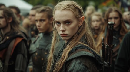 Fototapeta premium A fierce and determined warrior stands among her comrades in an epic fantasy setting, exuding strength and readiness for battle.