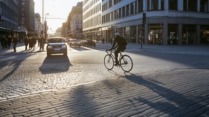 A cyclist on a sun-drenched city street navigates through traffic, casting long shadows and...