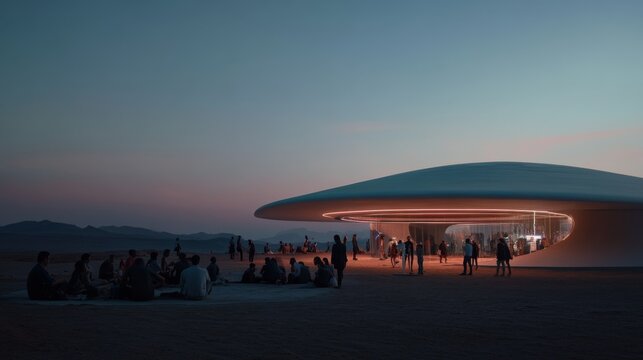 A futuristic, glowing pavilion in the desert at dusk, surrounded by a gathering of people, creating a stark contrast between human interaction and vast emptiness.