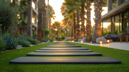 Obraz premium Yoga mats laid out on a lush green lawn with palm trees and a building in the background, bathed in warm sunset light.