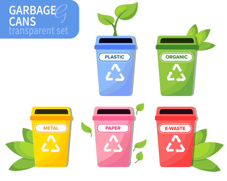Vector illustration of a set of colorful garbage cans with recycling symbols and with leaves on a transparent background. 