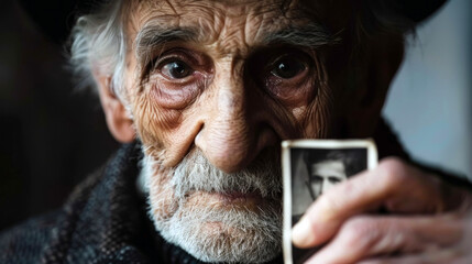 An elderly man, with deep wrinkles and expressive eyes, holds a worn-out photograph close to his chest.