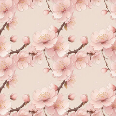 Cherry blossoms pattern with soft pink hues on a beige background in a realistic style with copy space