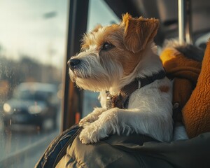 Dog traveling on a bus, comfortable on top of its owner. Generative AI image