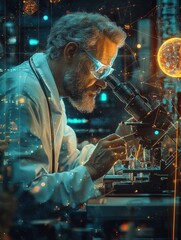Generative AI depiction of focused scientist using microscope
