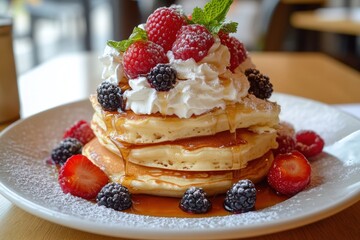 Stack of Fluffy Pancakes Topped with Fresh Berries and Whipped Cream