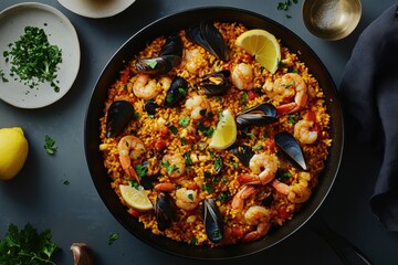 Gourmet seafood paella with saffron rice, mussels, shrimp, and lemon wedges, cooked in a large pan with bright natural light.