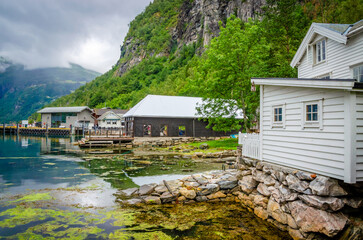 View on the coast of Geirangerfjord in town Geiranger, one of the most beautiful fjords in Norway