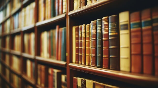Rows of leather-bound books line a wooden library shelf, whispering stories of knowledge and wisdom in a warm ambiance.